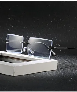 Detail of square anti-blue light glasses with black metal temples on dark starry background