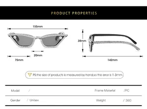 Detailed size chart of cat-eye sunglasses featuring rhinestone-studded PC frames