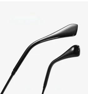 Detailed view of glossy black metal temples with curved ends for enhanced comfort