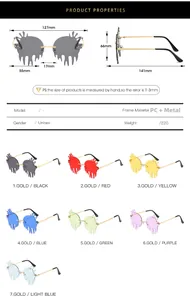 Detailed size chart and multi-color options for melting shape rimless sunglasses