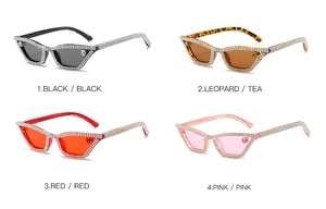 Detailed grid of cat eye sunglasses featuring hand-set rhinestones in four trendy colors