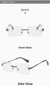 Front and side views of rimless square glasses with black temples and metal bridge