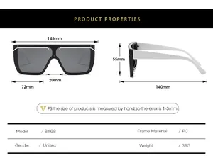Detailed sizing chart and technical specifications for square frame unisex sunglasses