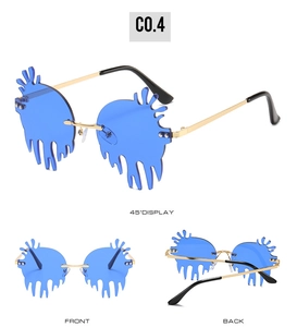 Three-angle display of blue fluid-drip sunglasses with gold metal frame and PC lenses