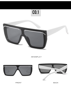 Detailed views of oversized square shield sunglasses in contrasting black and white