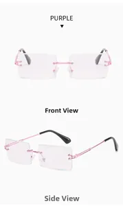 Front and side view of frameless purple square sunglasses with sleek pink metal temples