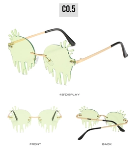 Three-angle view of quirky caterpillar-shaped sunglasses with light green drip lenses