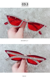 Detailed 45-degree side and back view of cat eye sunglasses with hand-set white rhinestones