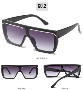 Multi-angle view of oversized square sunglasses with white trim and purple gradient lenses