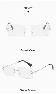 Front and side view of rimless square anti-blue light glasses with silver metal frame