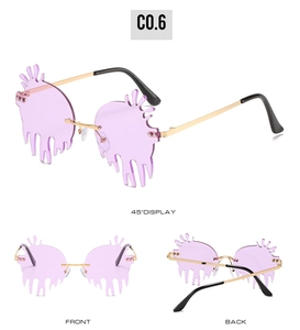 Multi-angle view of lavender caterpillar-shaped wavy rimless sunglasses with gold temples