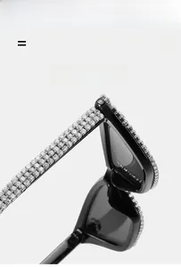 Detail of super elastic black cat-eye sunglasses featuring multi-row crystal rhinestone studs