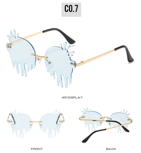 Front and back views of creative drip-shaped blue sunglasses with gold metal temples