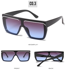 Three-angle views of black oversized sunglasses with purple and blue gradient lenses