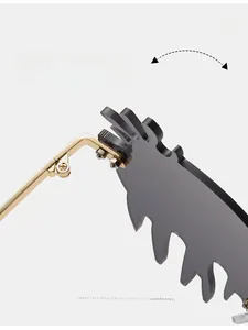 Close-up of durable golden metal hinges and wavy gray lenses on caterpillar sunglasses
