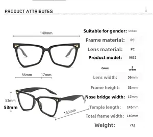 Detailed size chart for blue light blocking cat eye glasses with precise dimensions