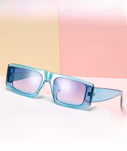 Macro view of light blue transparent square frame sunglasses with pink gradient lenses