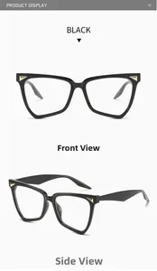 Front and side view of black cat-eye glasses with gold triangle hardware accents