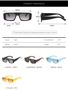 Detailed size chart for rectangular flat top sunglasses showing 144mm width and PC material