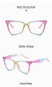 Detail of gradient cat-eye glasses frame with glitter finish and metal rivets
