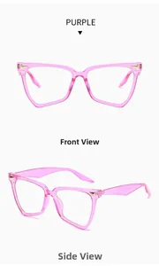 Front and side view of pink transparent cat-eye glasses frame with blue light blocking