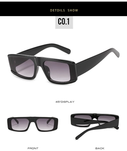 Detailed views of vintage square sunglasses with black frames and purple gradient lenses
