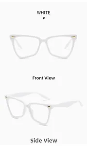 Detailed views of white cat-eye glasses frames with golden triangle accents on a white background