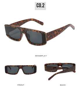 Three-view display of rectangular leopard print sunglasses with dark grey lenses in C0.2 color