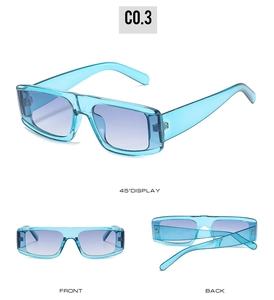 Detailed three-way view of blue transparent rectangular sunglasses with gradient lenses