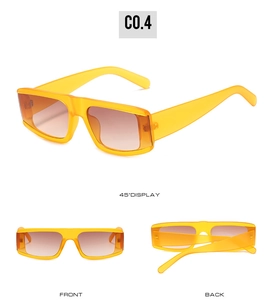 Three-angle view of orange translucent rectangular sunglasses with brown gradient lenses
