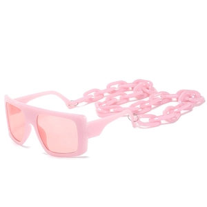 Pink oversized square sunglasses with matching thick plastic chain strap for women