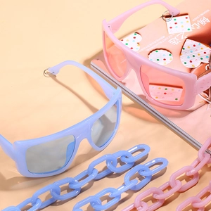 Oversized jelly colored hip-hop sunglasses with thick plastic chain straps set