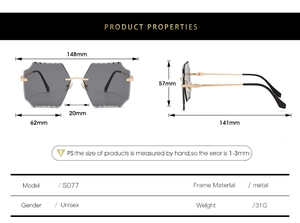 Detailed size chart for rimless hexagonal sunglasses with gold metal frame and dimensions