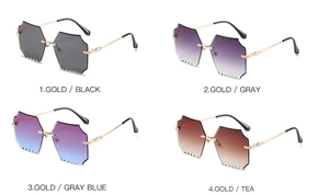 Four pairs of rimless geometric cut-edge sunglasses in classic black, gray, blue and tea