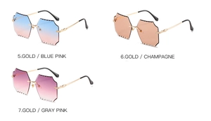 Close-up of rimless hexagonal sunglasses in blue, champagne and gray pink gradient colors