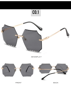 Three-view display of rimless hexagonal sunglasses with gold metal temples and grey lenses