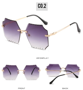 Three-view display of rimless purple gradient sunglasses with gold engraved metal temples