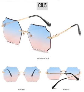 Three-view shot of rimless gradient sunglasses with wavy edge and gold metal temples