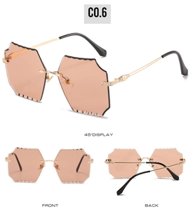 Frameless square peach sunglasses showing front back and 45 degree angle views