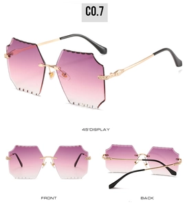 Detailed views of rimless square sunglasses with pink-purple gradient lenses and gold frames