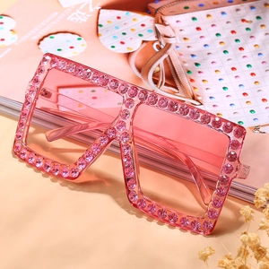 Oversized square pink sunglasses for women with luxury rhinestone frames and tinted lenses