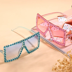 Oversized square sunglasses with rhinestones in light blue and pink gradient lenses