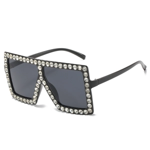 Oversized square sunglasses for women with crystal rhinestones and dark grey lenses