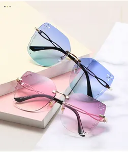 Detail of rimless butterfly sunglasses featuring gradient lenses and metal stud accents