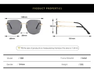 Detailed size chart for rimless butterfly sunglasses showing lens width and frame dimensions