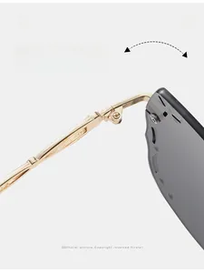 Close-up of durable light gold metal hinge on butterfly rimless diamond sunglasses