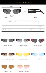 Detaillierte Größentabelle und Spezifikationen für randlose Cat-Eye-Sonnenbrillen in acht Farben