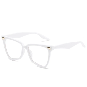 Modern white cat eye glasses frame with gold triangle rivets and clear lenses