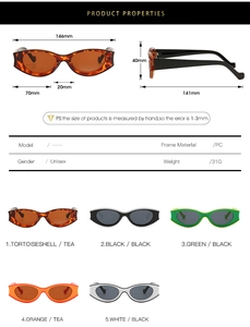 Detailed size specifications for vintage oval sunglasses with five color variations