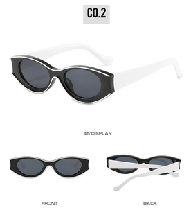 Three perspectives of retro cat eye sunglasses in bold black and white contrast design